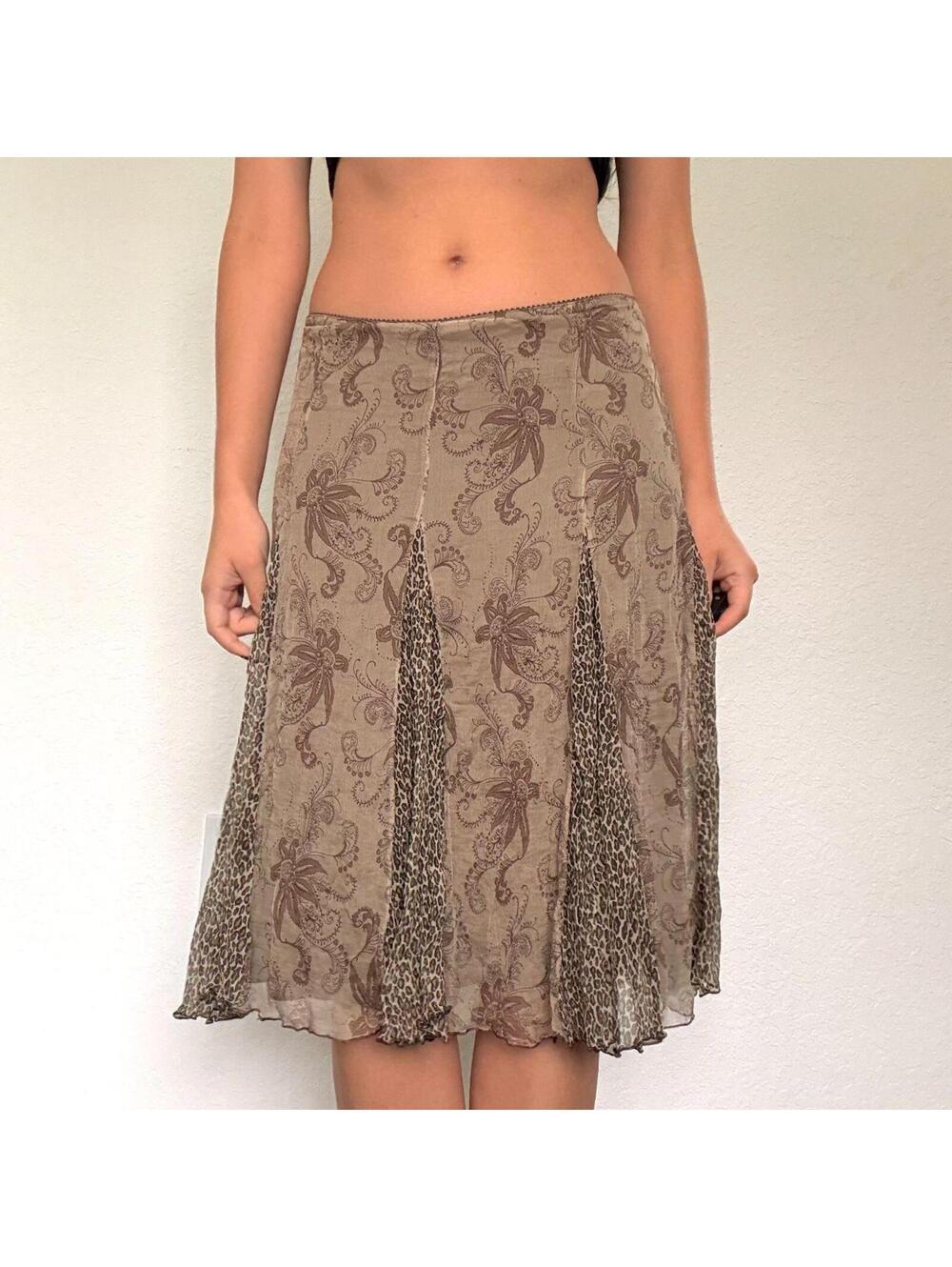 Brown silk midi skirt with floral and leopard mixed prints - Picture 5 of 8